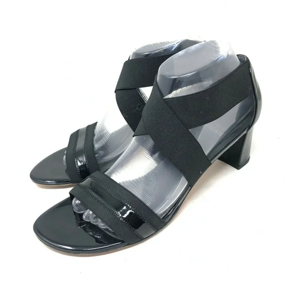 Stuart Weitzman‎ Strappy Sandal Womens 8.5 Elastic Black Patent Chunky Heel
